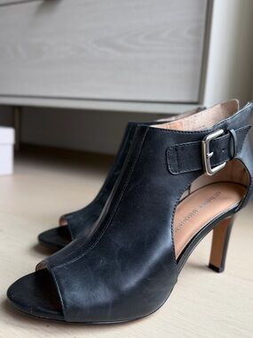 Audrey Brooke Black Leather Peep-Toe Buckle Heels
